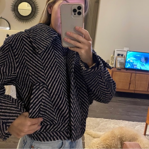 & Other Stories Cropped Wool Blue and Pink Herringbone Bomber Jacket Size 0 - Picture 3 of 13